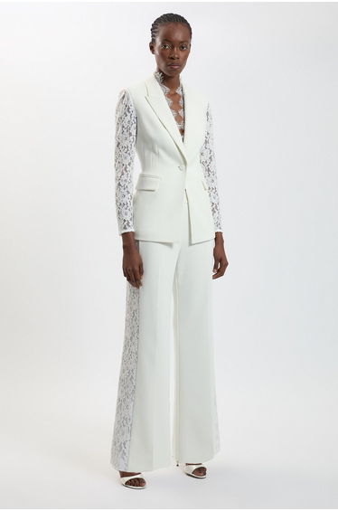 Compact Stretch Lace Mix Tailored Wide Leg Trouser