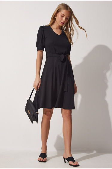Women's Black V Neck Belted Flared Knitted Dress