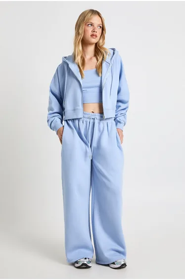 Petite Deep Hem Crop Top 3 Piece Hooded Tracksuit - light blue