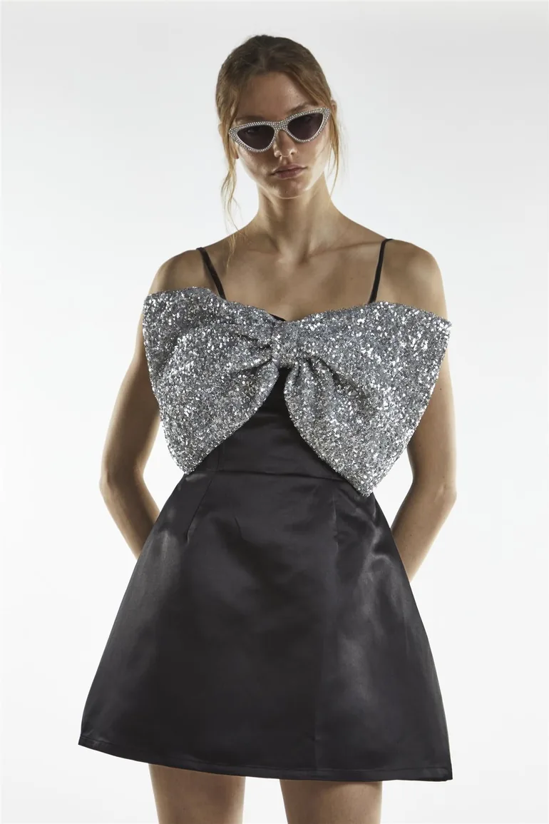 black mini dress with silver bows Motel panolia bow front pleat mini dress in Black and White main image 1