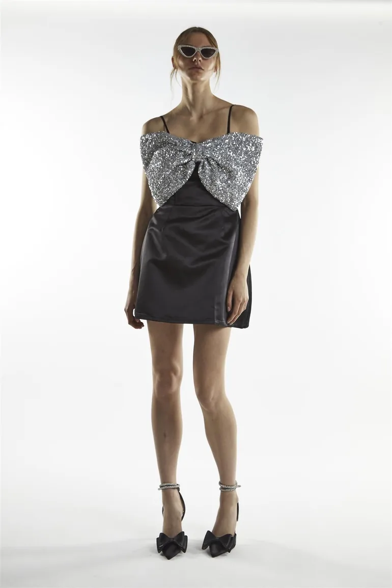 black mini dress with silver bows self-portrait - Black Velvet Bow Mini Dress