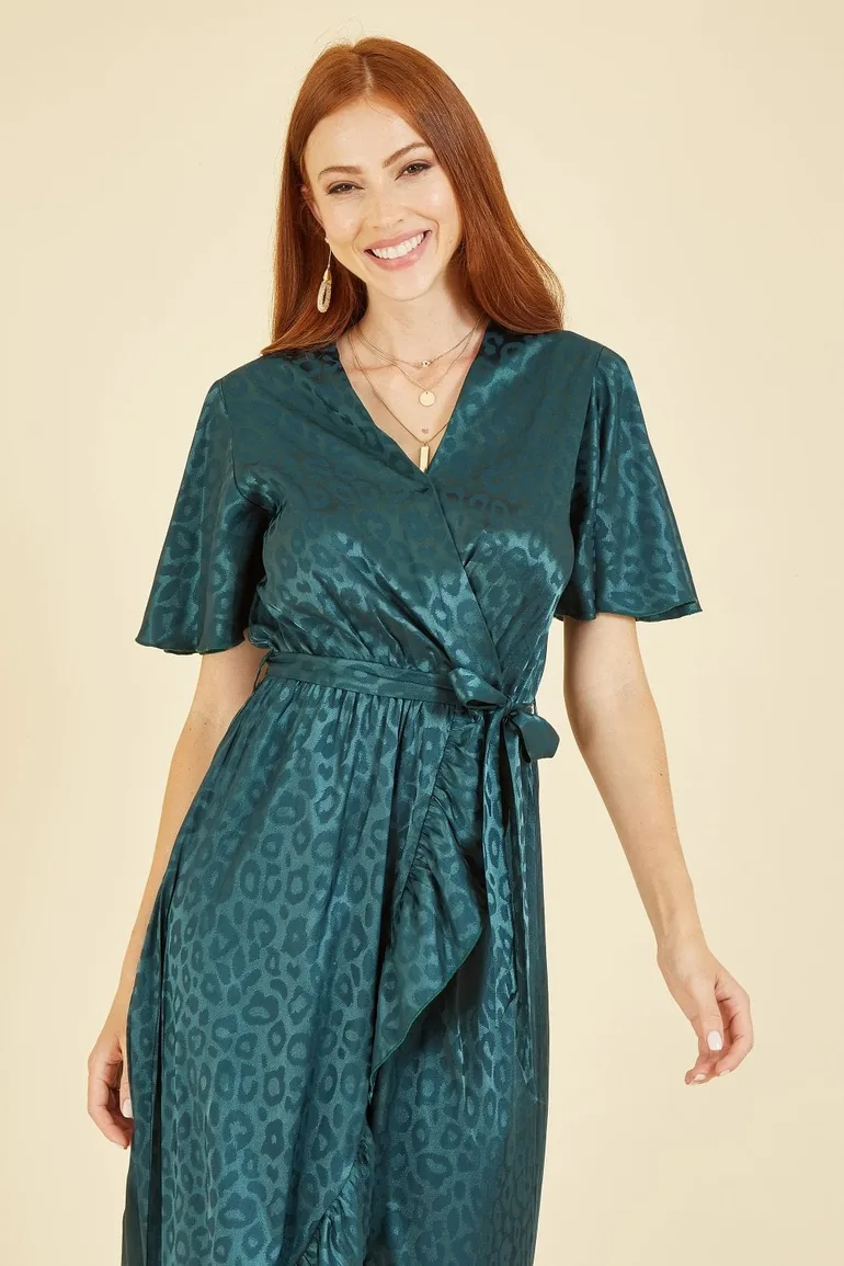 leopard print wrap dress green Monki wrap midi dress in green leopard print