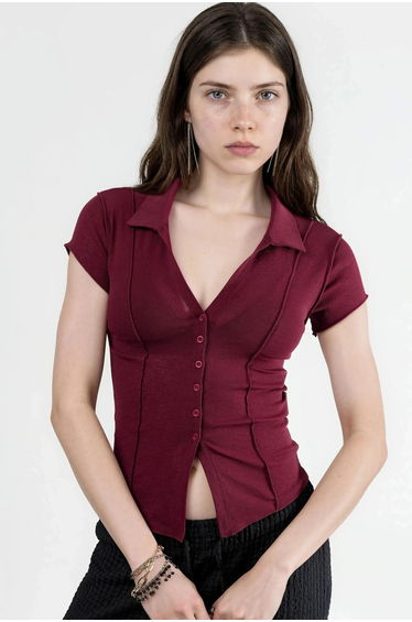 BUSEM Textured Knitted Short Sleeve Shirt with Buttons