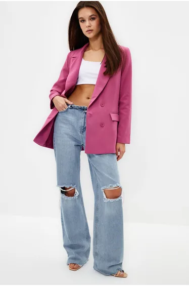 Pink Regular Lined Double Breasted Closure Woven Blazer Jacket
