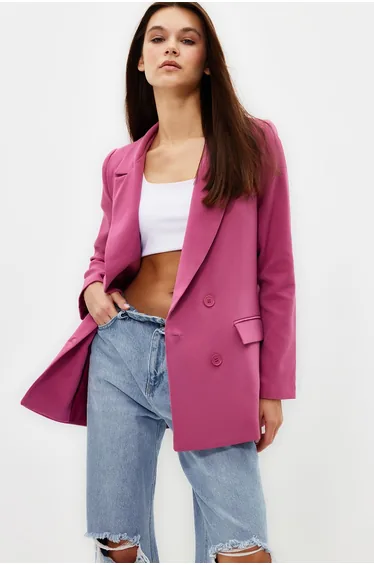 Pink Regular Lined Double Breasted Closure Woven Blazer Jacket