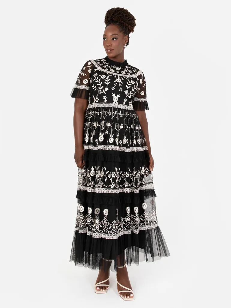 Shop Maya Black Embroidered Tiered Midi Dress with Frill Detail Online in  Oman