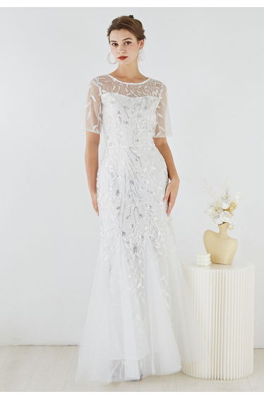 Leaves Branch Sequined Mesh Panelled Gown in White