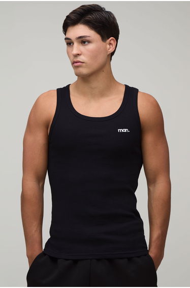 Muscle Fit Man Dot Embroidered Ribbed Vest - black