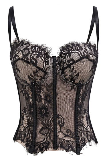 Floral Lace Corset Mesh Bra Top in Black