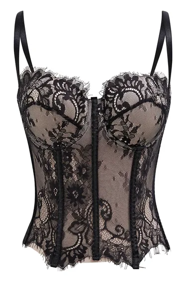 Floral Lace Corset Mesh Bra Top in Black