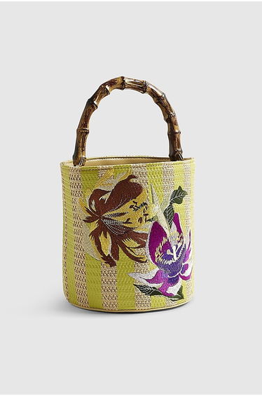Beige Striped Embroidered Bucket Bag