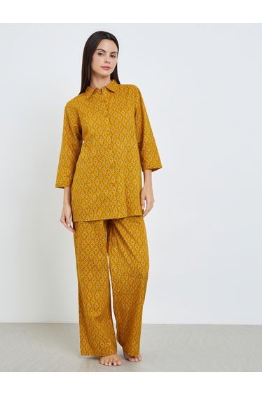 Geo Longline Cotton Shirt and Wide Leg Pyjama Set