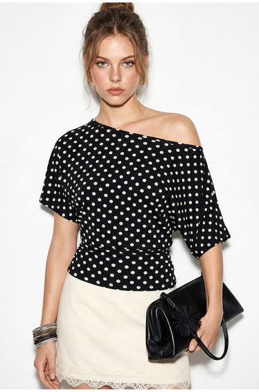 LUCCI Off-Shoulder Polka Dot Jersey Blouse