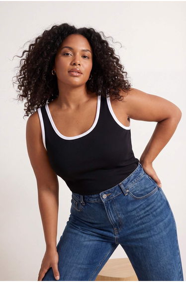 Black Pool Collar Contrast Piping Detailed Plus Size Tank Top