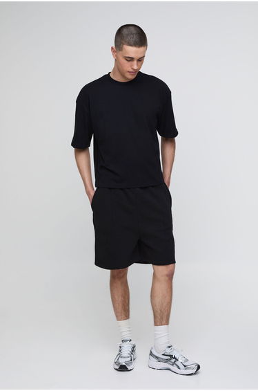 Oversized Boxy T-Shirt & Drop Crotch Shorts Set - black