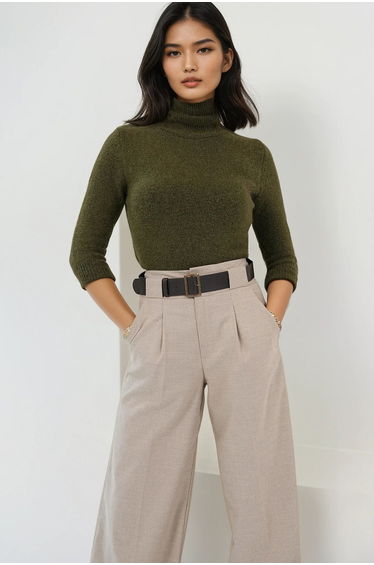Women's Khaki Turtleneck Wool Blend Knit Sweater