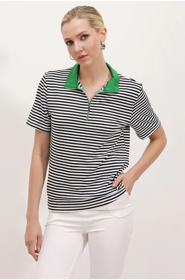 Polo Neck Striped T-Shirt