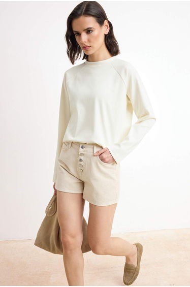 Beige Front Button High Waist Mini Denim Shorts
