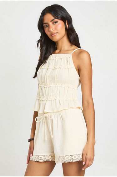 Cheesecloth Crochet Trim Shorts - ecru