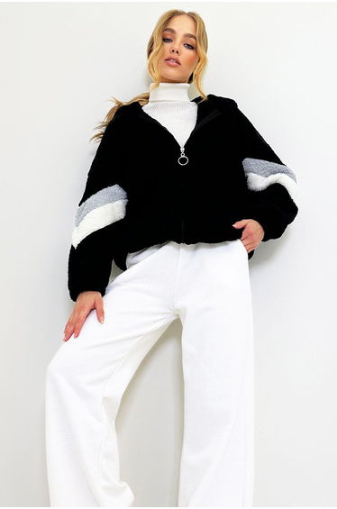 Women's Black-Grey Hooded Zippered Sleeves Color Block Oversized Plush Sweatshirt