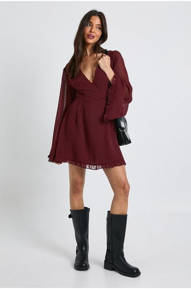 Dobby Flare Sleeve Wrap Mini Dress - chocolate