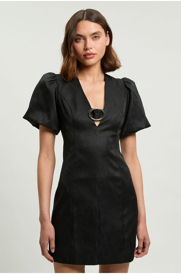 Tailored Puff Sleeve Trim V Neck Detail Mini Dress