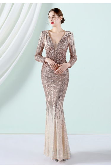 Full Sequin Two-Tone Crisscross Gown in Gold