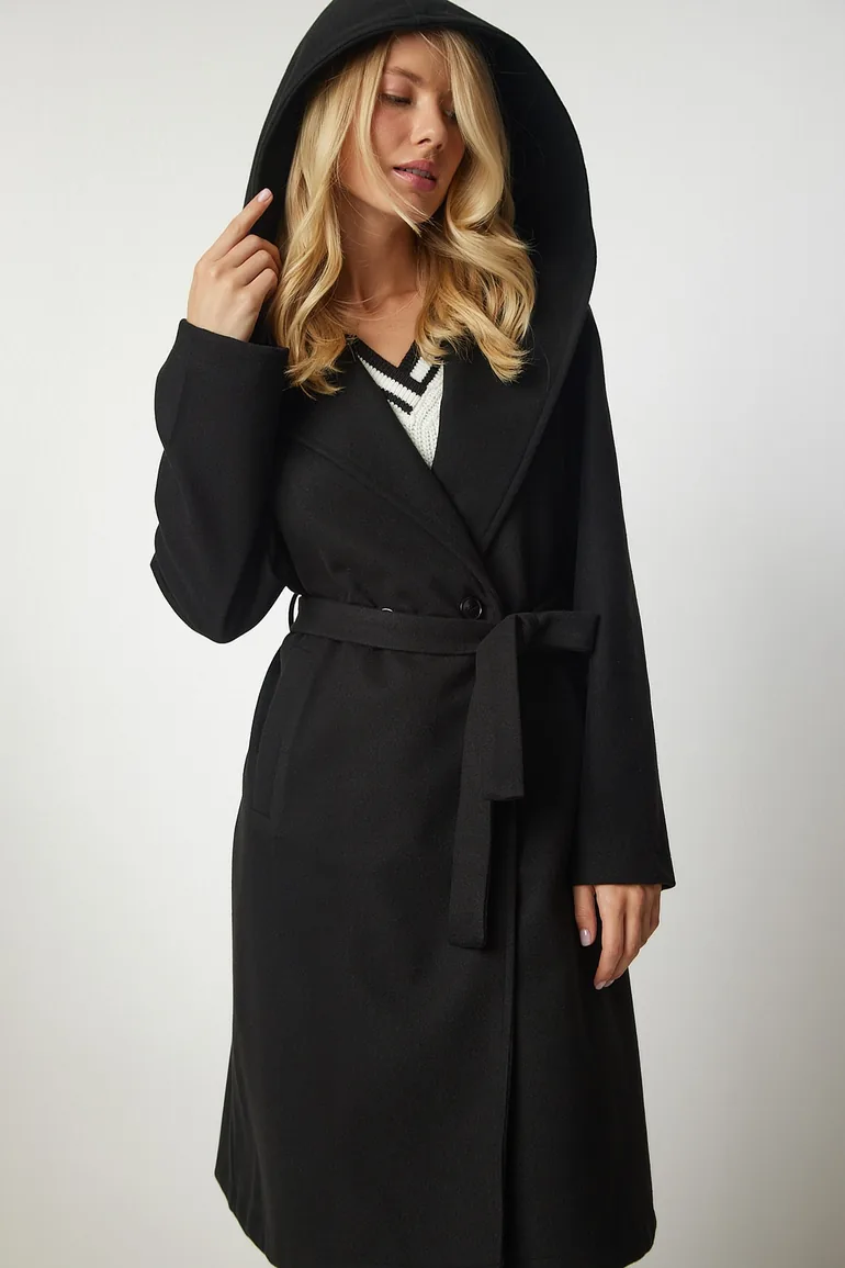 Women's Black Hooded Belted Stamped Coat