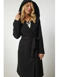 Women's Black Hooded Belted Stamped Coat