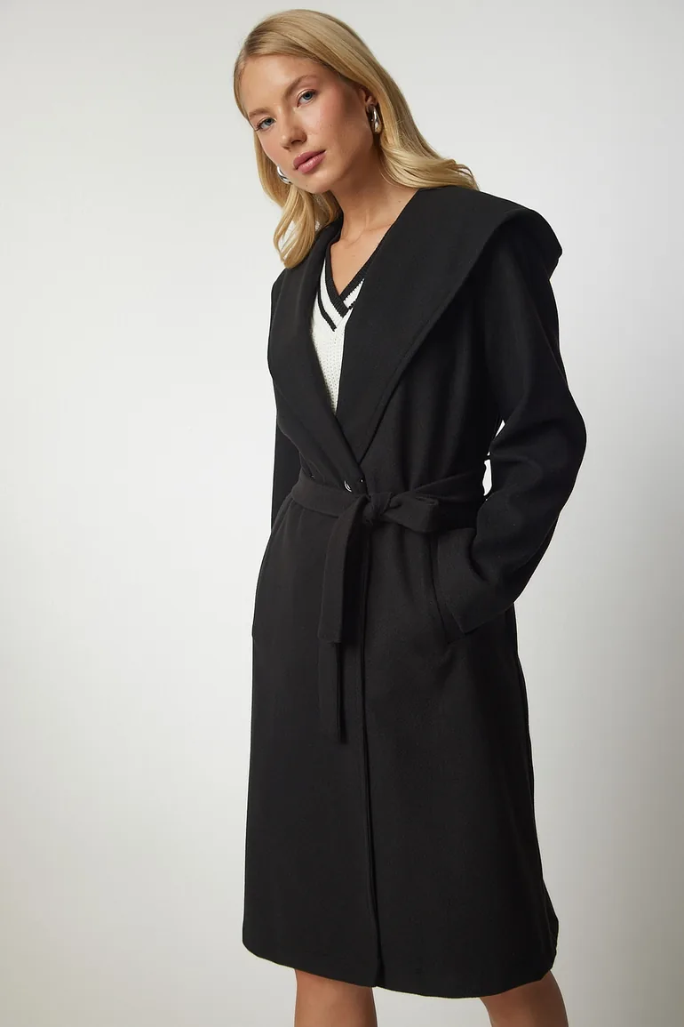 Women's Black Hooded Belted Stamped Coat - 2