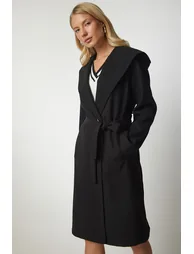 Women's Black Hooded Belted Stamped Coat - 2