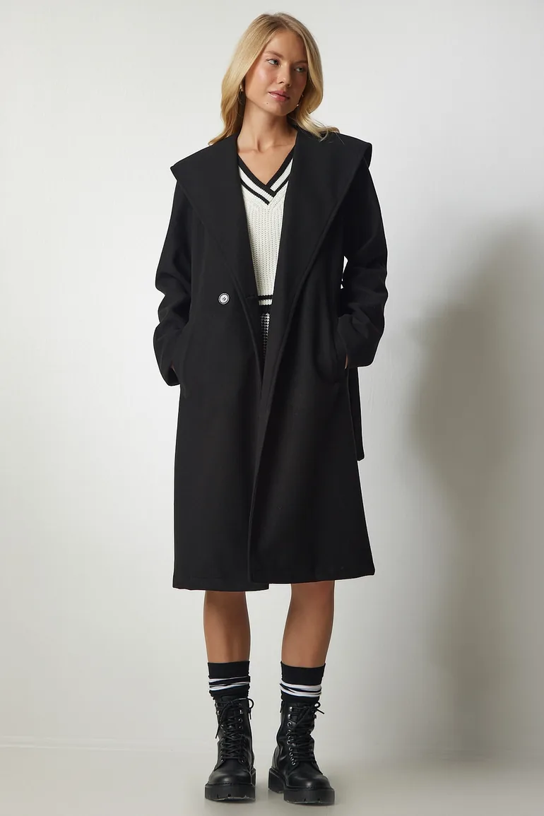 Women's Black Hooded Belted Stamped Coat - 6
