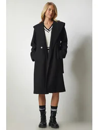 Women's Black Hooded Belted Stamped Coat - 6