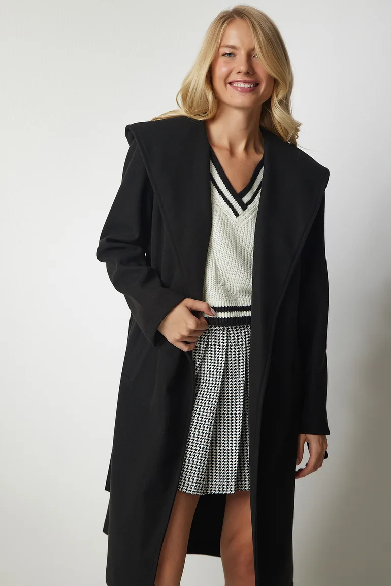 Women's Black Hooded Belted Stamped Coat - 4