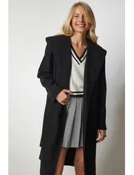Women's Black Hooded Belted Stamped Coat - 4