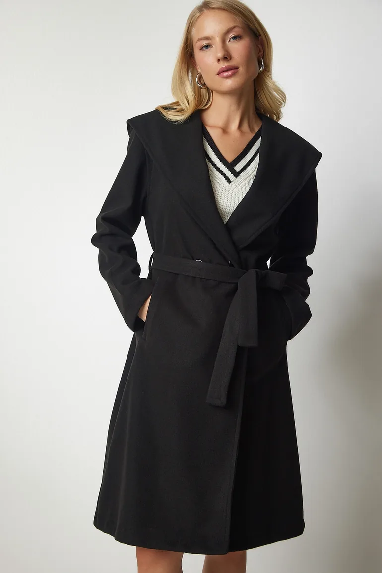 Women's Black Hooded Belted Stamped Coat - 3