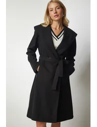 Women's Black Hooded Belted Stamped Coat - 3