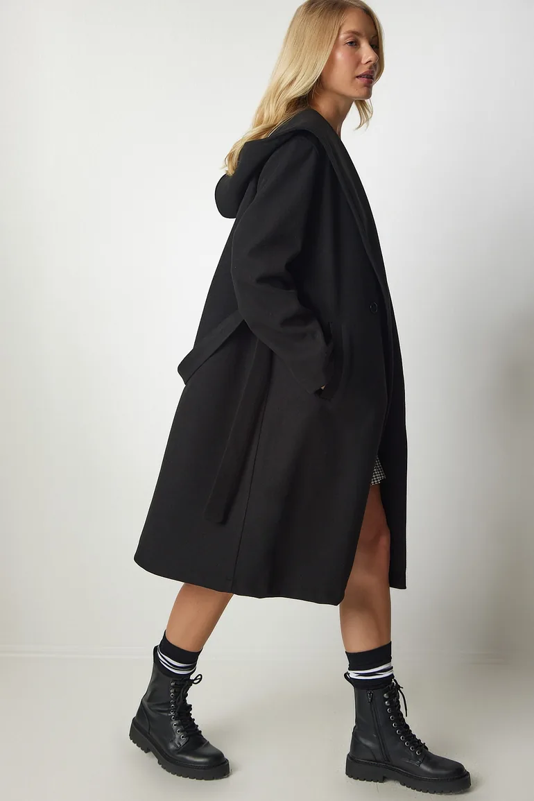 Women's Black Hooded Belted Stamped Coat - 5