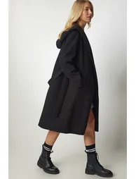 Women's Black Hooded Belted Stamped Coat - 5