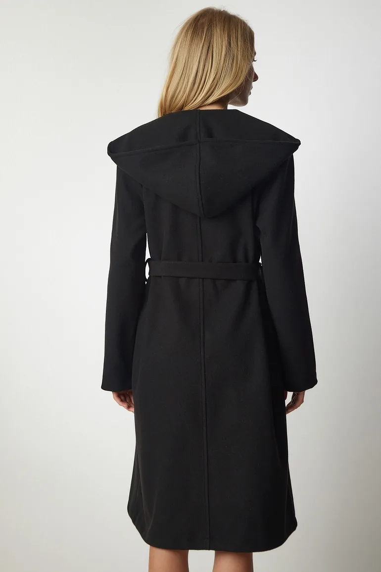 Women's Black Hooded Belted Stamped Coat - 8
