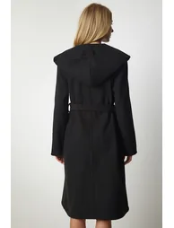 Women's Black Hooded Belted Stamped Coat - 8