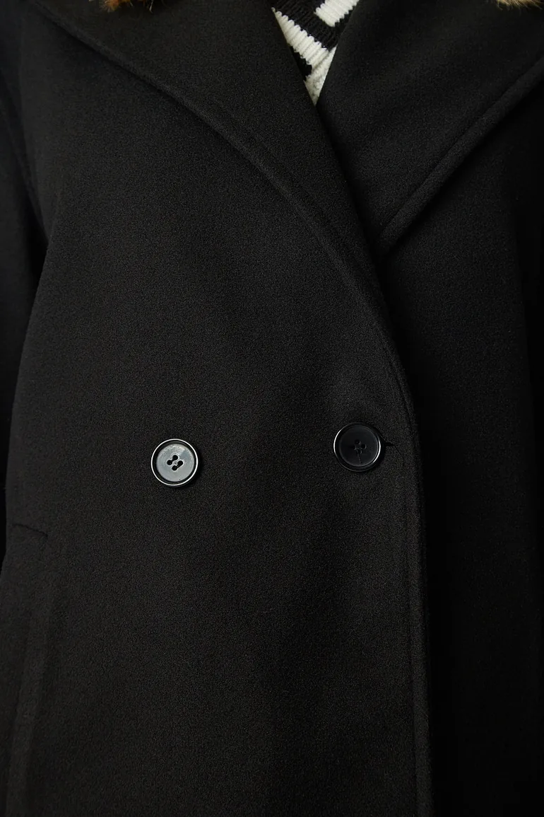 Women's Black Hooded Belted Stamped Coat - 7