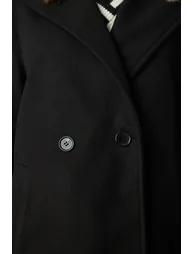 Women's Black Hooded Belted Stamped Coat - 7