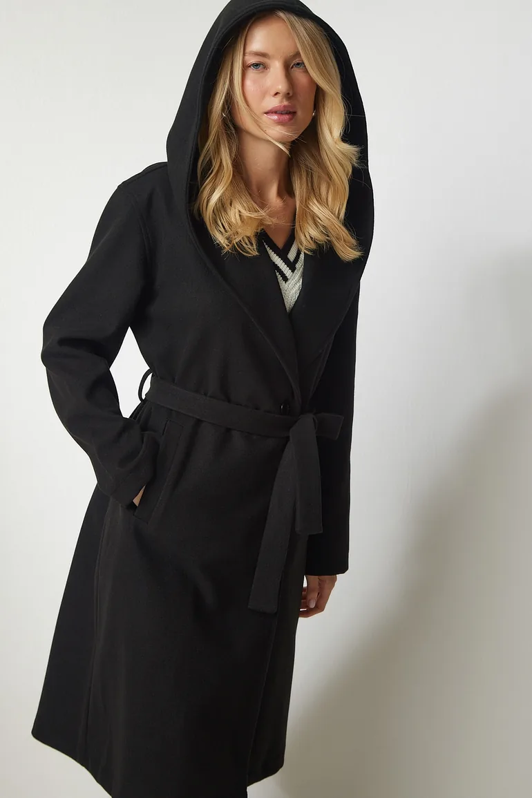 Women's Black Hooded Belted Stamped Coat - 1