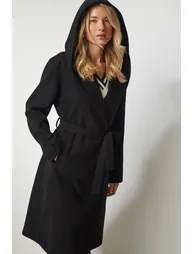 Women's Black Hooded Belted Stamped Coat - 1