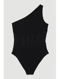 One Shoulder Ribbed Mesh Detail Swimsuit - 3