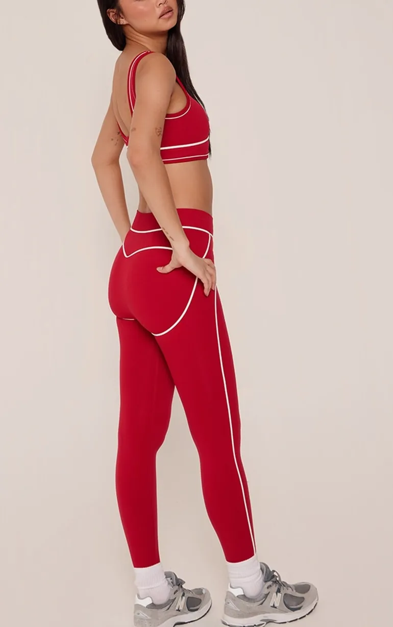 Red Seamless Contrast Detail Leggings - 2