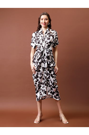 Printed Satin Shirt Midi Dress with Pleated Detail