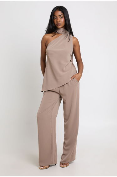Wrap Scarf Detail Top and Wide Leg Trouser Co-ord - mushroom