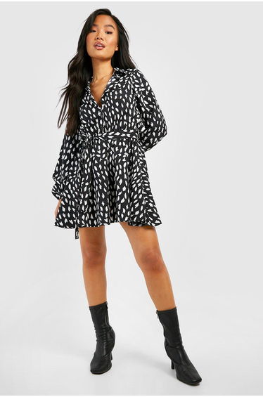 Petite Smudge Print Skater Shirt Dress - black